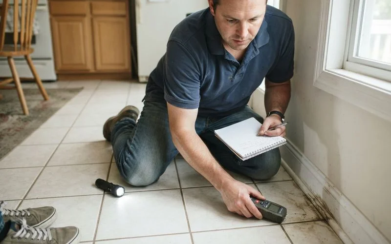 A homeowner and an insurance adjuster examining water-damaged tile flooring near a baseboard, both wearing protective gloves