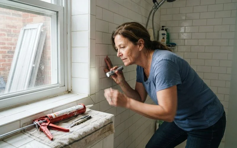 A homeowner checking caulk and grout around a ground-level exterior door before hurricane season, using a flashlight to inspect closely