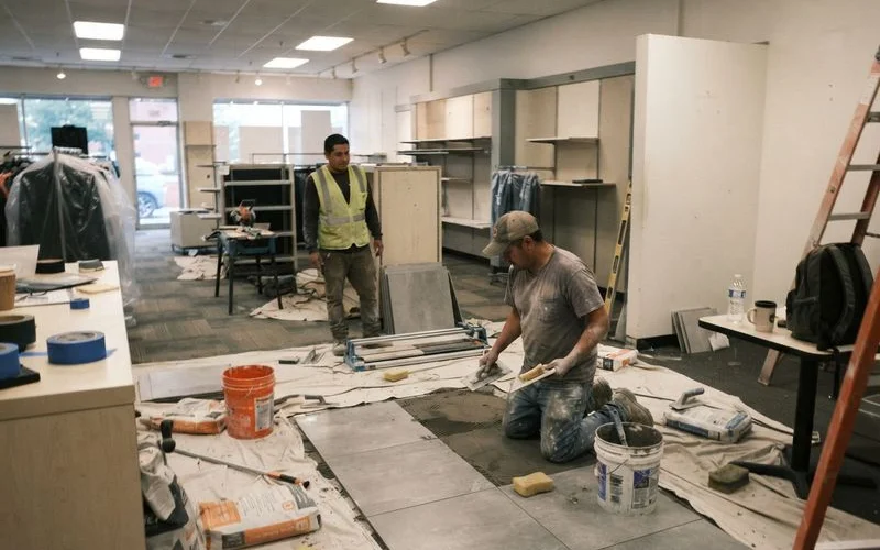 A commercial tile crew working after business hours in an empty retail space, with tools and materials organized along one wall