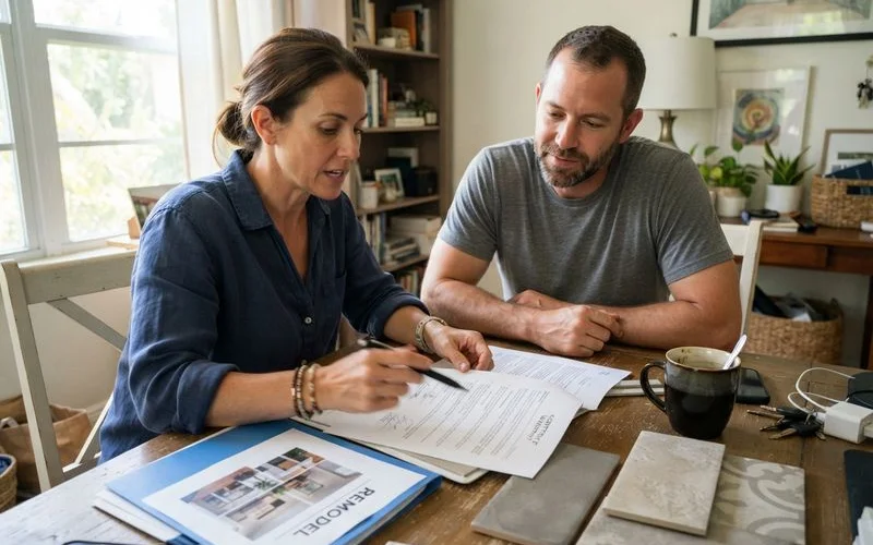 Two people reviewing a written contract and a warranty document together at a table, discussing a completed tile installation