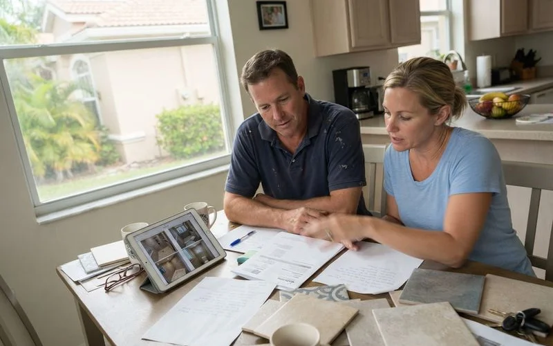 A homeowner and a contractor reviewing a written itemized quote together at a kitchen table before starting a tile project