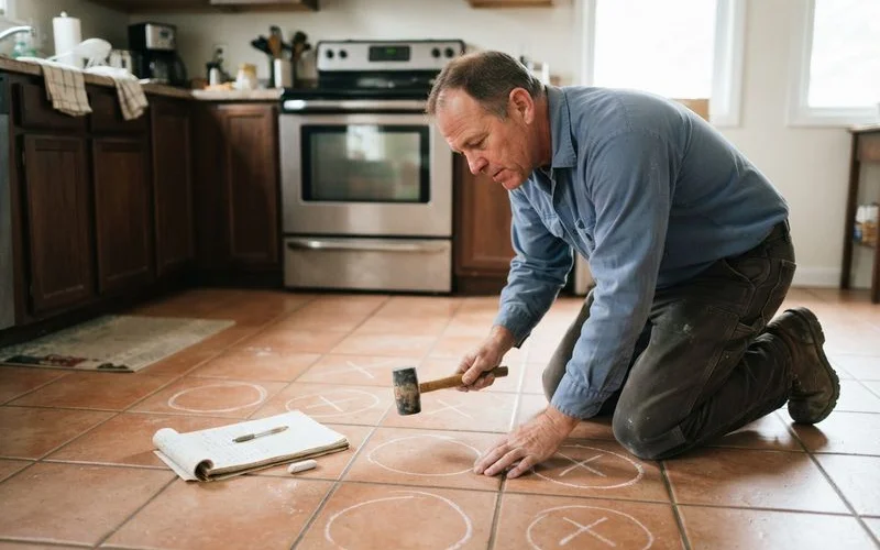 A home inspector tapping a bathroom floor tile with a knuckle while checking for hollow spots that indicate separation from the subfloor